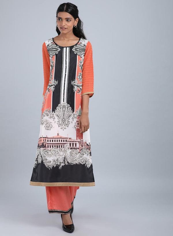 Orange Round Neck Printed kurta