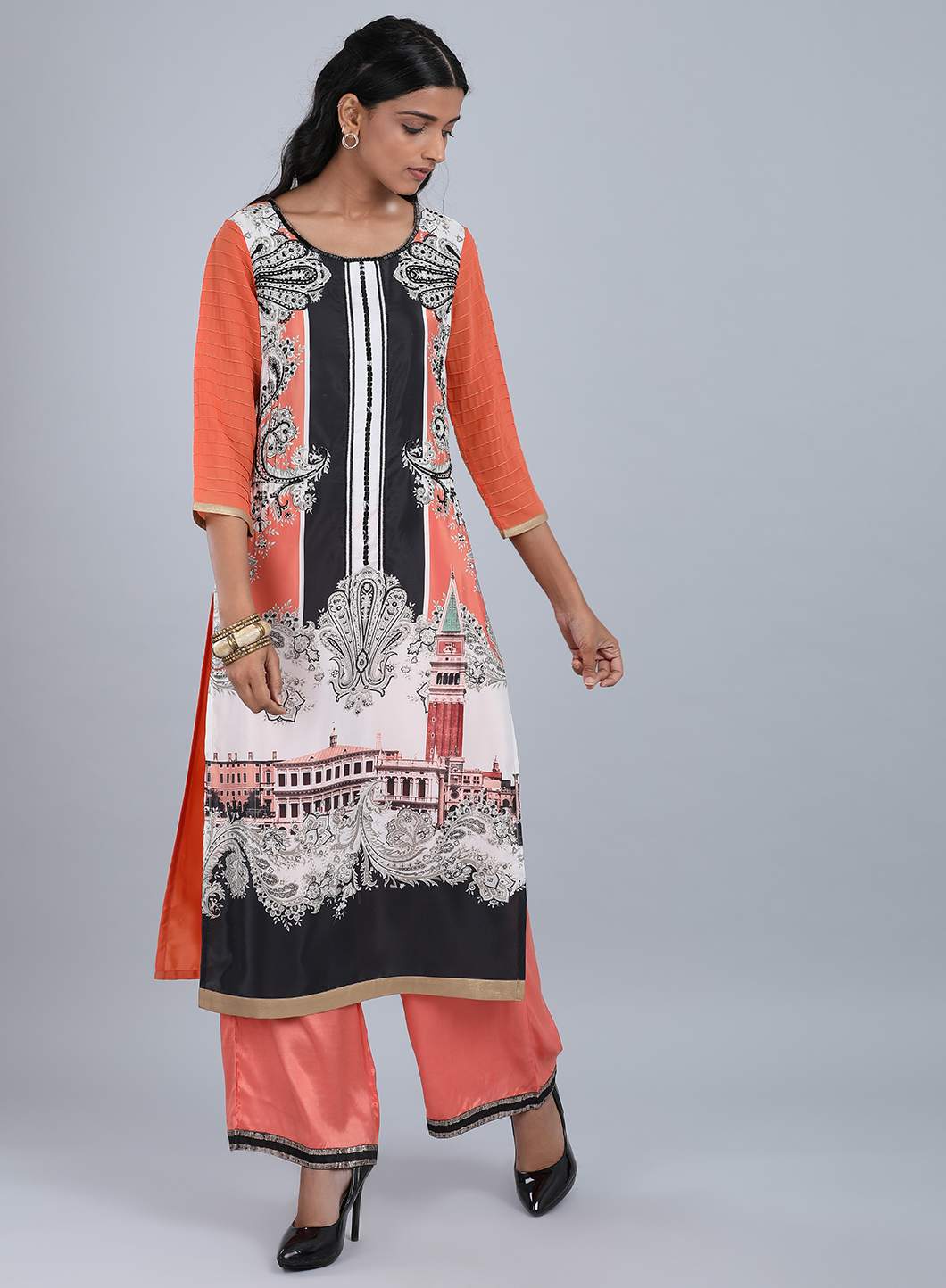 Orange Round Neck Printed kurta
