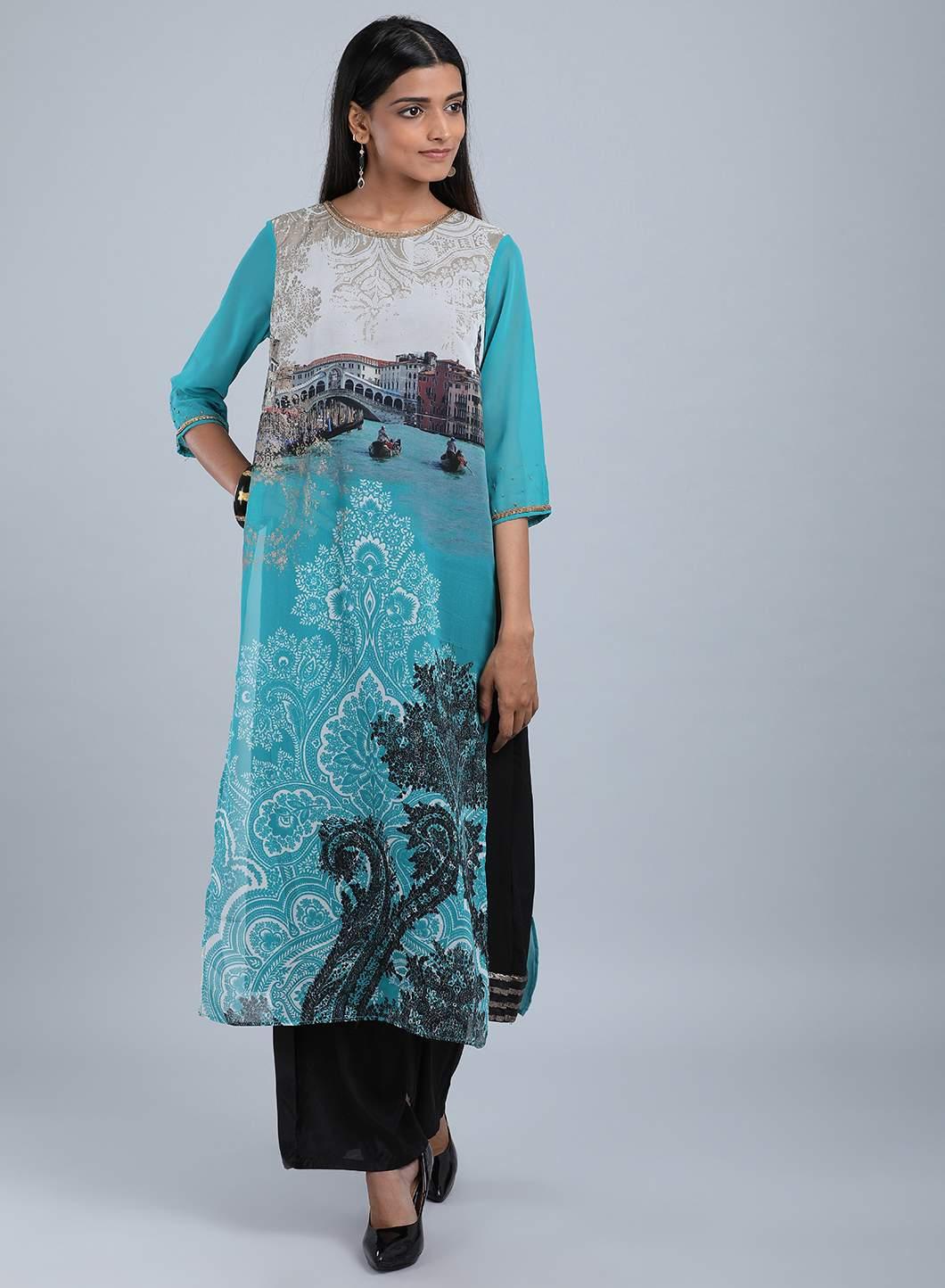 Blue Round Neck Tassel kurta - wforwoman