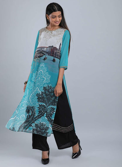 Blue Round Neck Tassel kurta - wforwoman