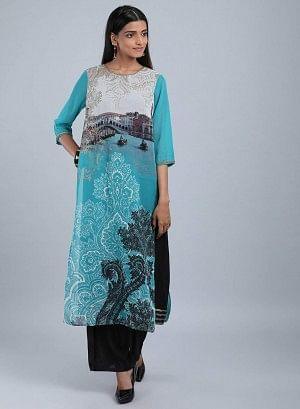 Blue Round Neck Tassel kurta - wforwoman