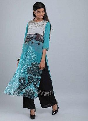 Blue Round Neck Tassel kurta - wforwoman