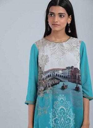 Blue Round Neck Tassel kurta - wforwoman
