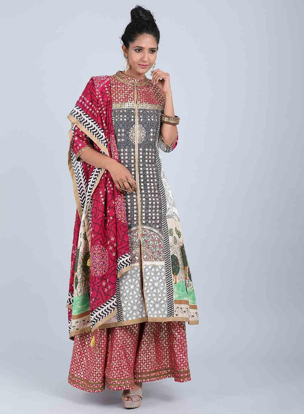 Off-White & Blue Embellished Close Neck kurta