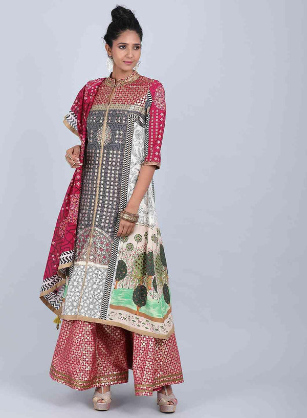 Off-White & Blue Embellished Close Neck kurta