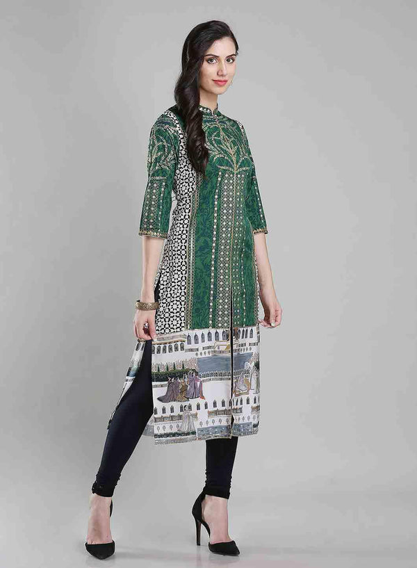 Green Printed Mandarin Neck kurta