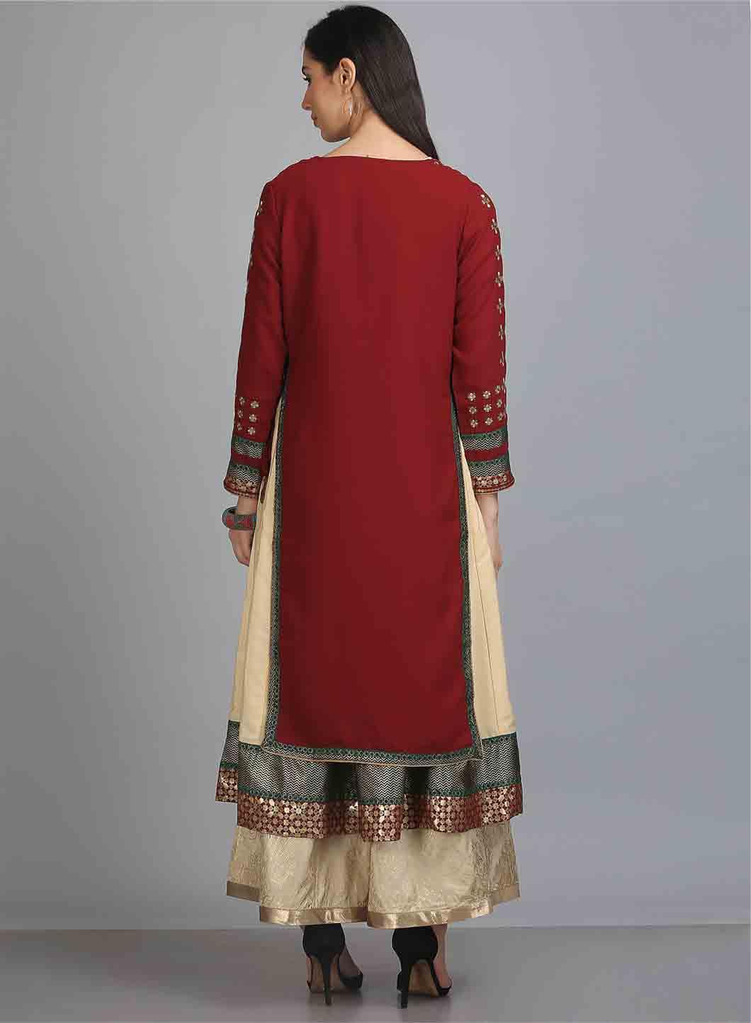Maroon &amp; Golden Round Neck kurta - wforwoman