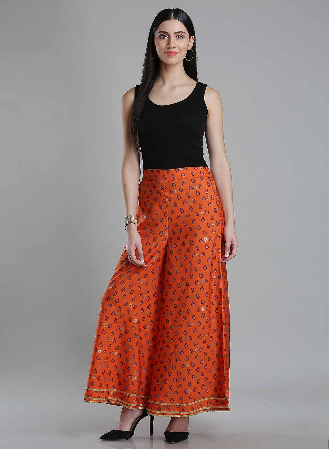 Orange Printed Flared Pants - S
