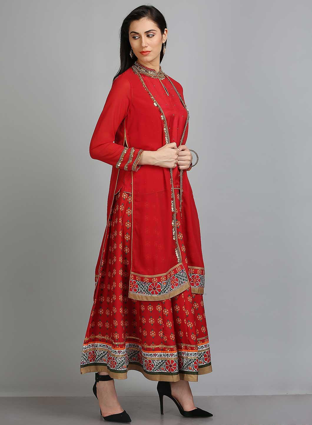 Red Printed Mandarin Neck Ethnic Set - wforwoman