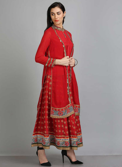 Red Printed Mandarin Neck Ethnic Set - wforwoman