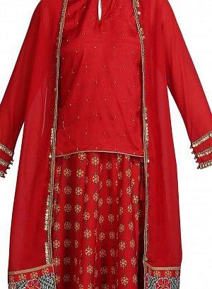 Red Printed Mandarin Neck Ethnic Set - wforwoman