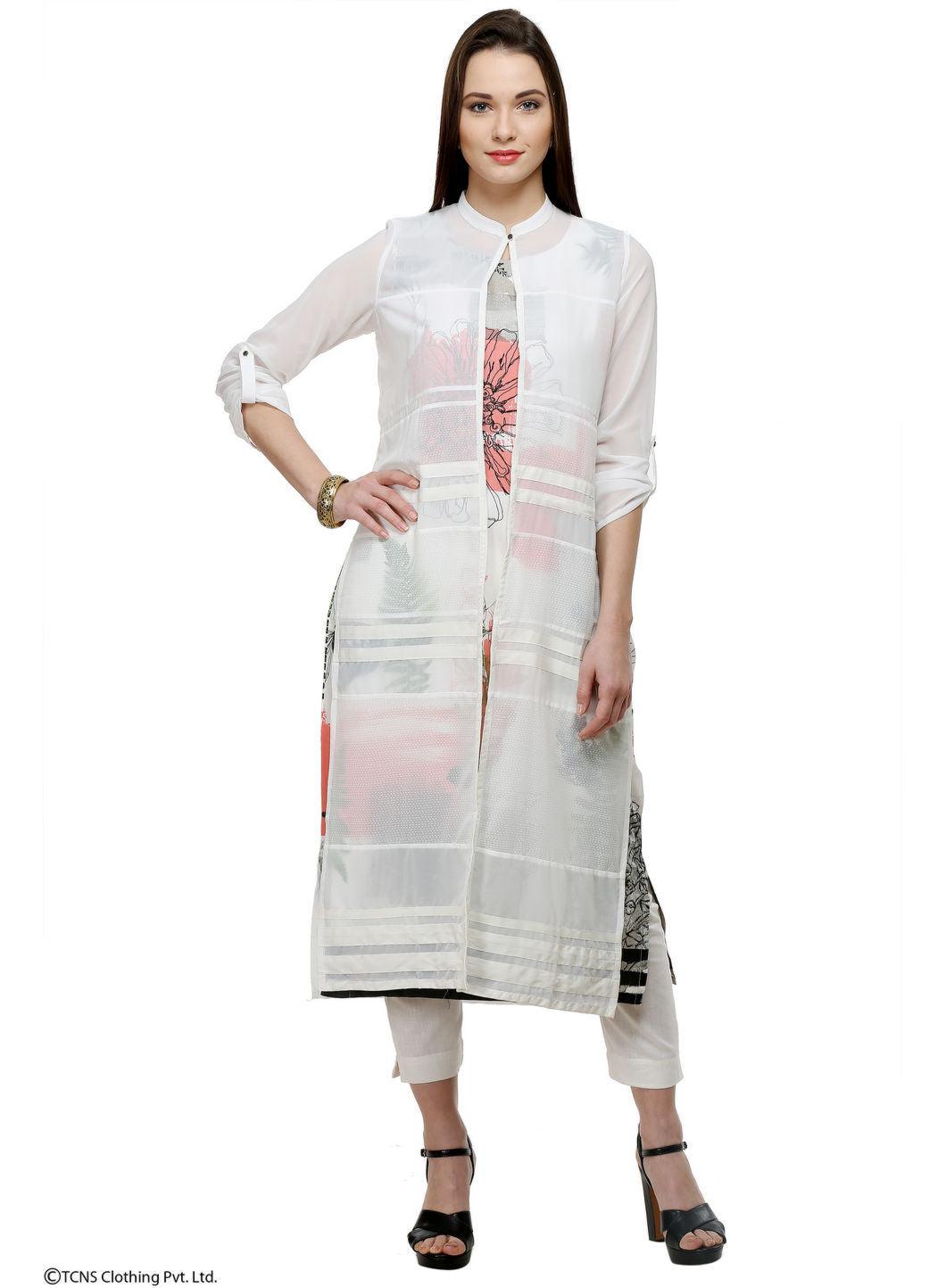 White Printed 3/4 Sleeve kurta - wforwoman