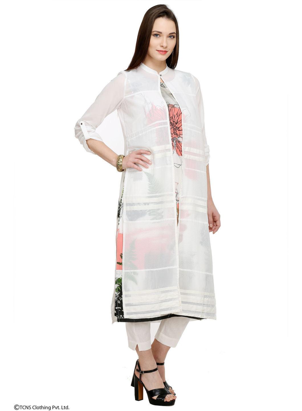 White Printed 3/4 Sleeve kurta - wforwoman