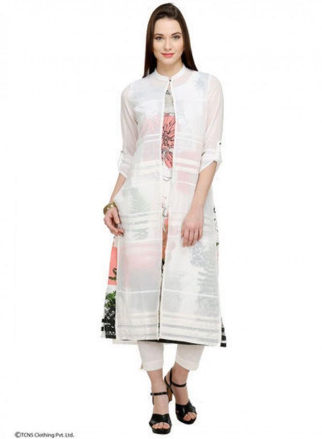 White Printed 3/4 Sleeve kurta - wforwoman