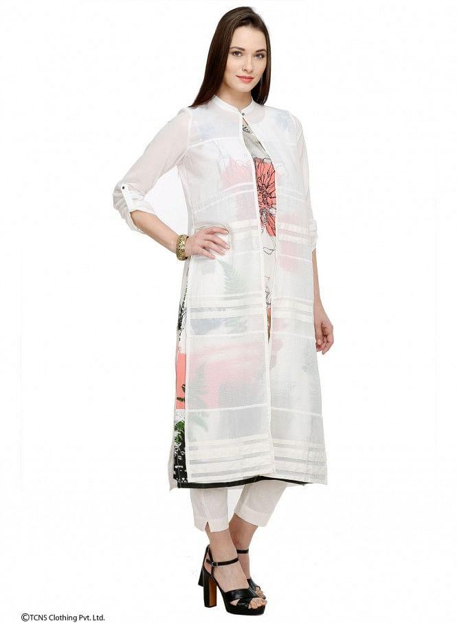 White Printed 3/4 Sleeve kurta - wforwoman