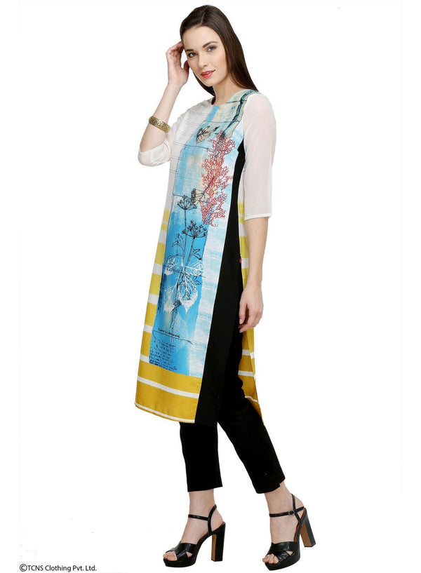 White Printed 3/4 Sleeve kurta
