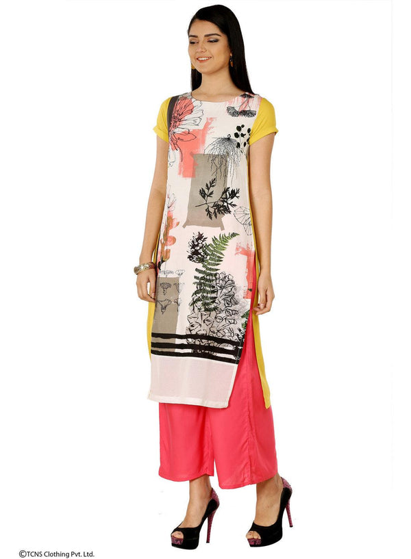 Yellow Printed Short Sleeve kurta