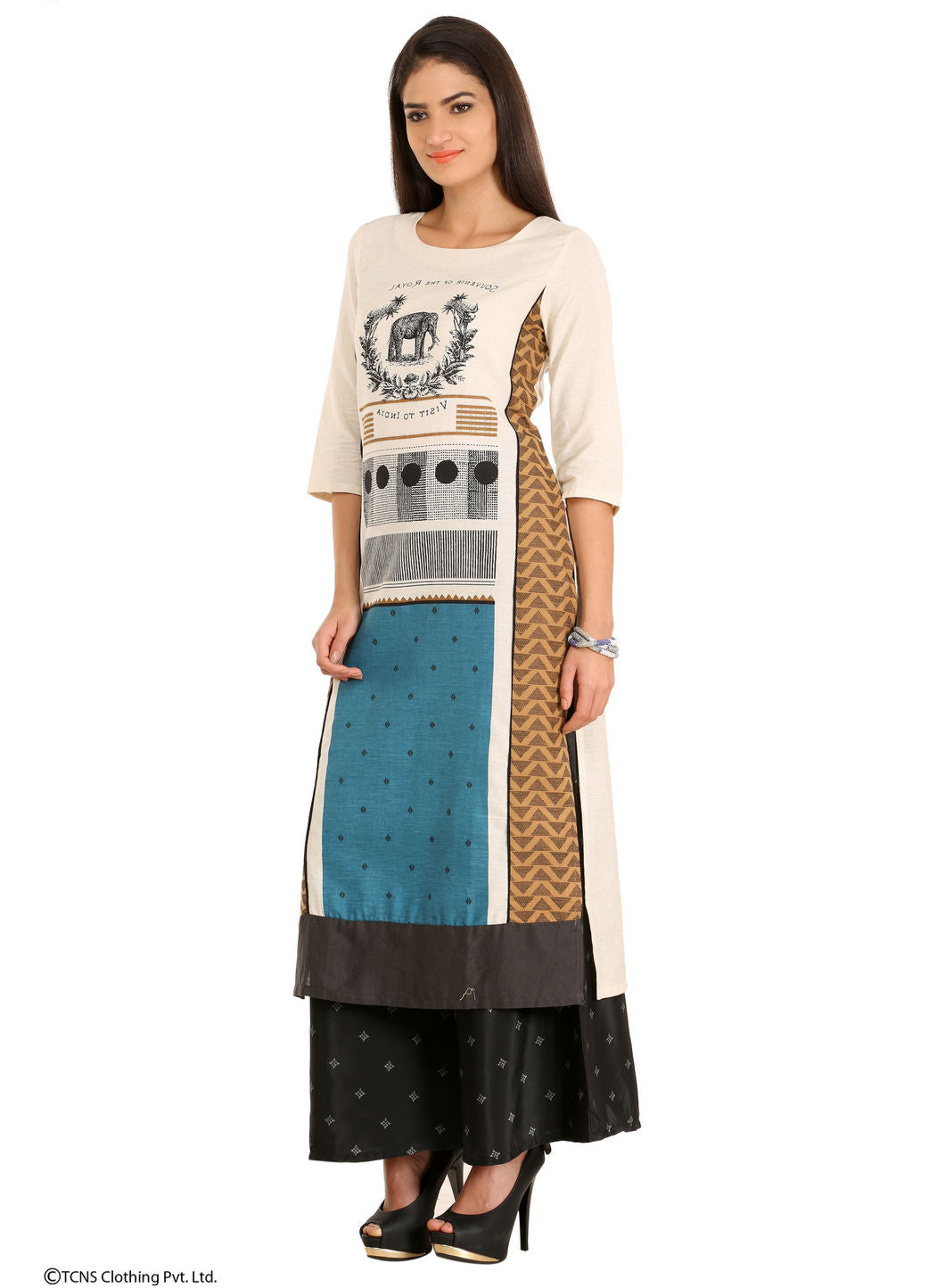 Off-White Printed 3/4 Sleeve kurta