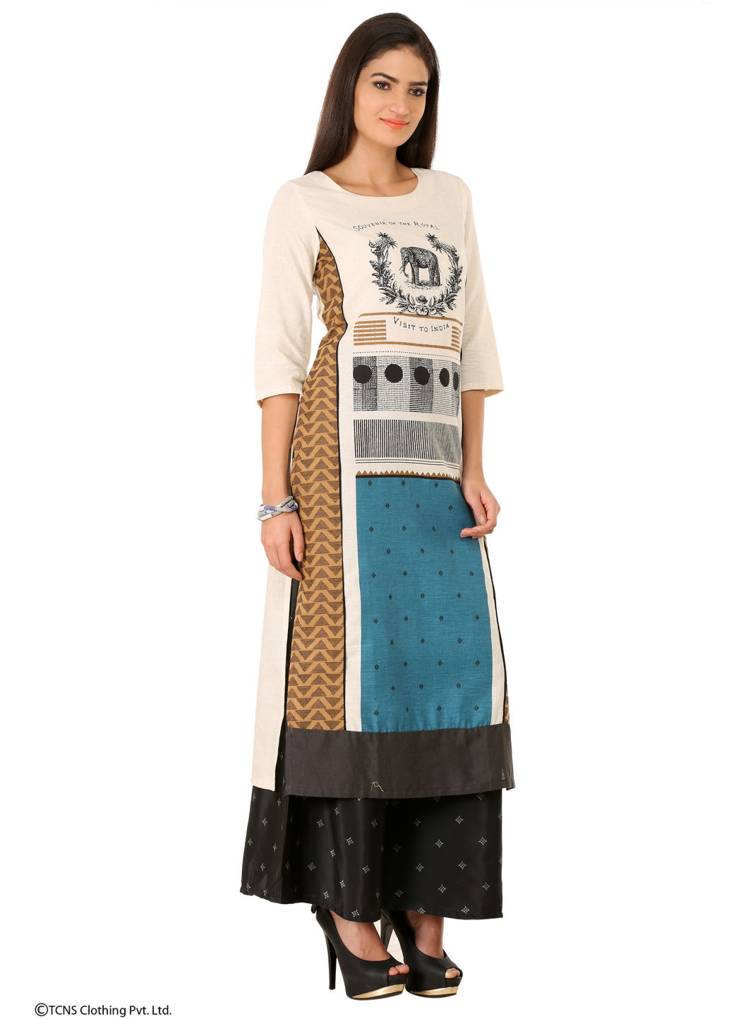 Off-White Printed 3/4 Sleeve kurta