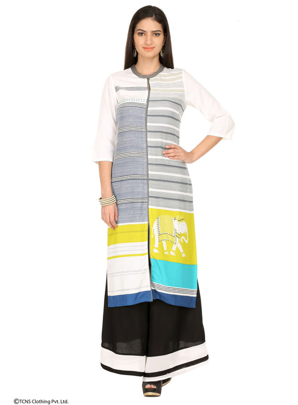 White Printed 3/4 Sleeve kurta