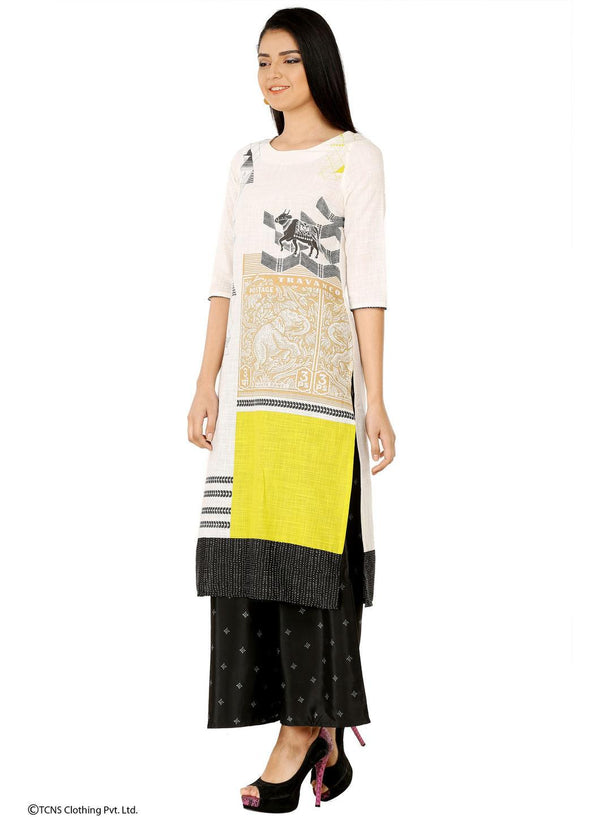 White Printed 3/4 Sleeve kurta