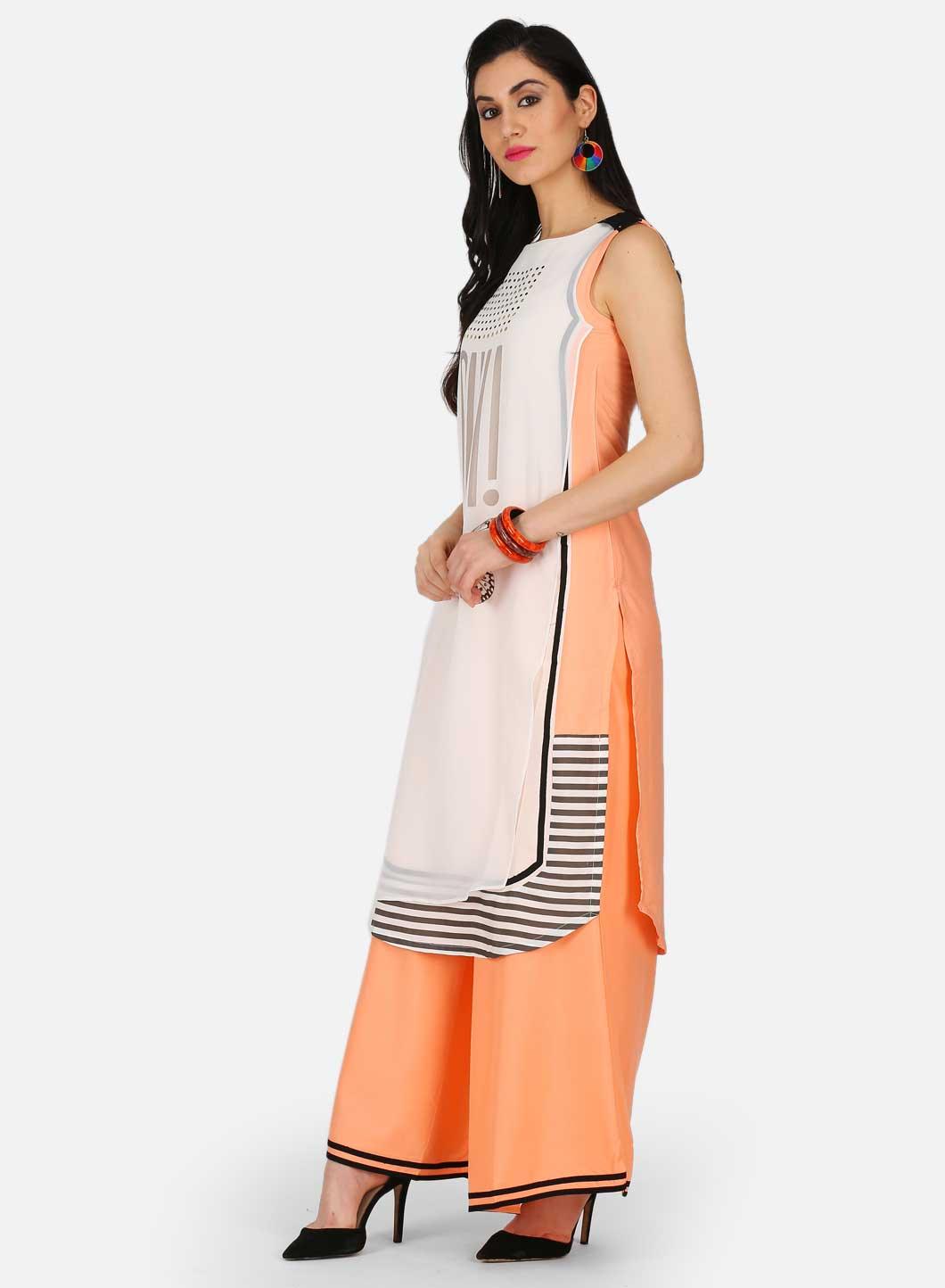 White &amp; Orange Printed kurta - wforwoman