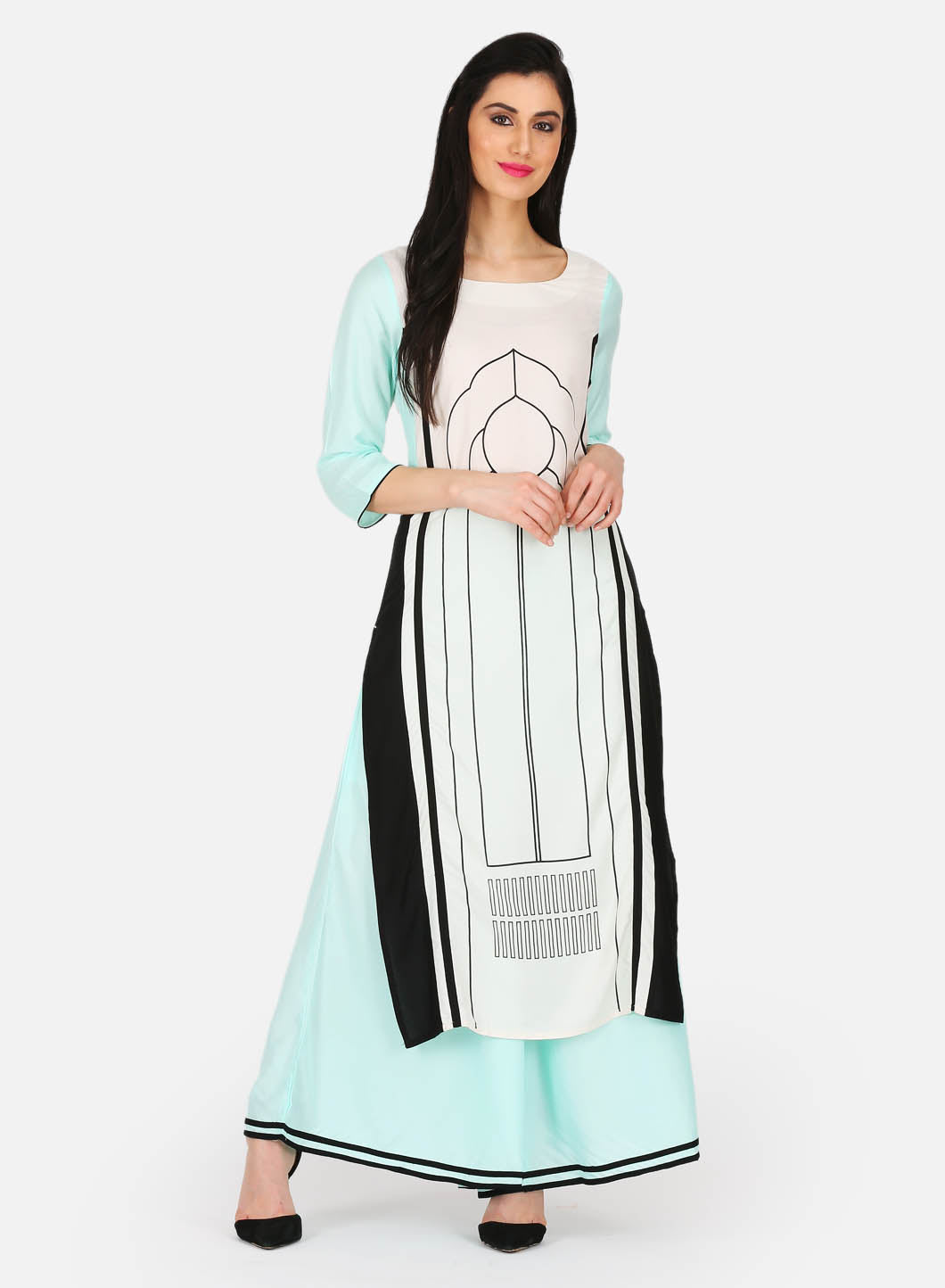 White &amp; Blue Printed kurta