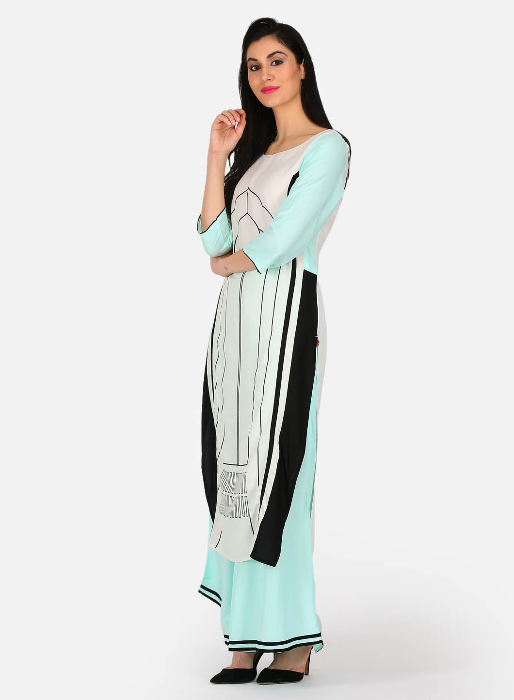 White &amp; Blue Printed kurta