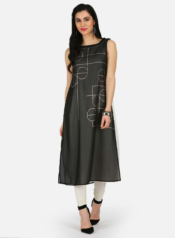 Black Printed Round Neck kurta