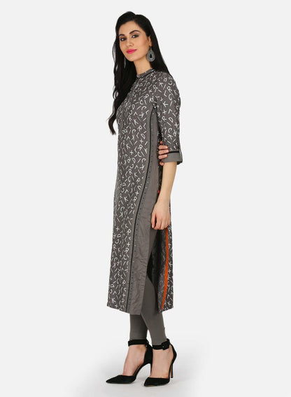 Grey Printed Mandarin Neck kurta - wforwoman
