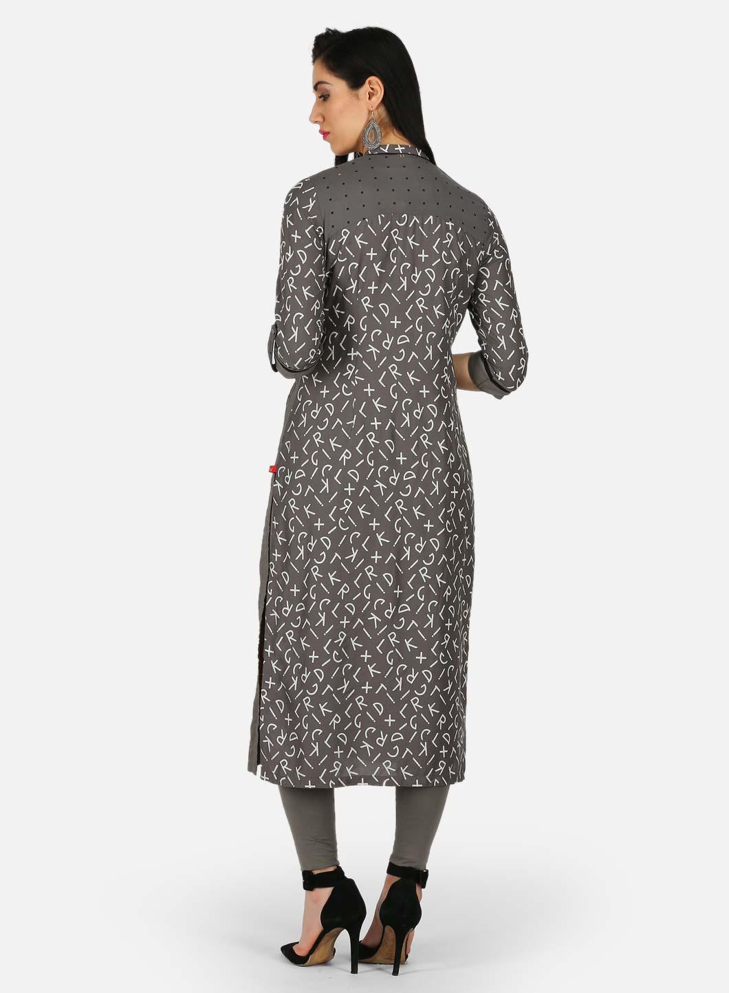 Grey Printed Mandarin Neck kurta - wforwoman