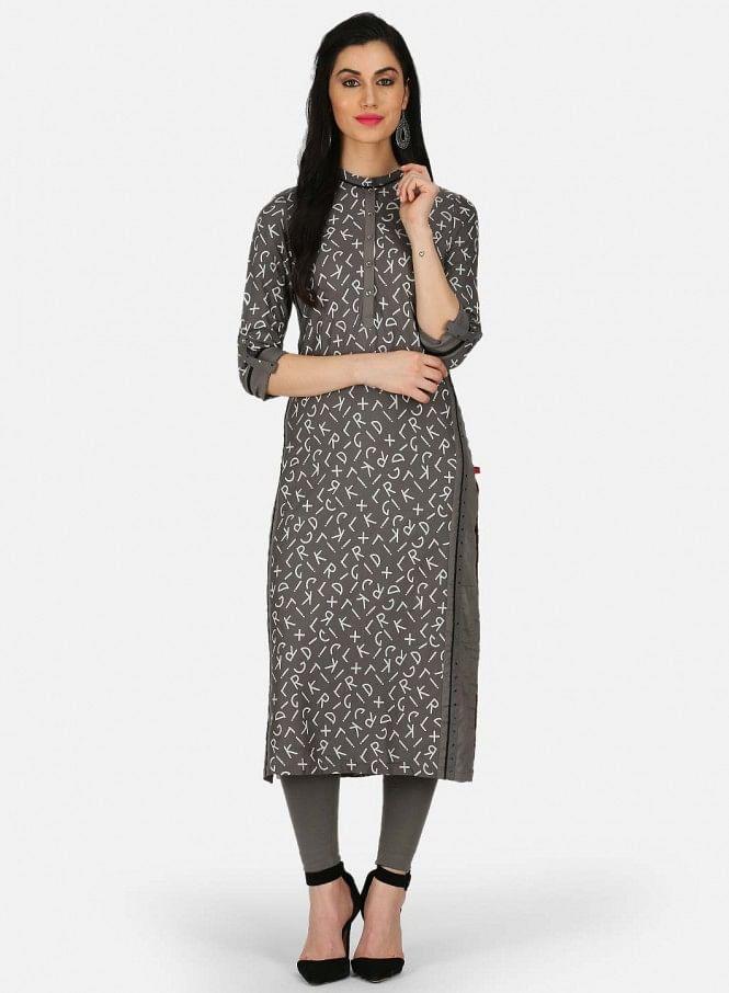 Grey Printed Mandarin Neck kurta - wforwoman