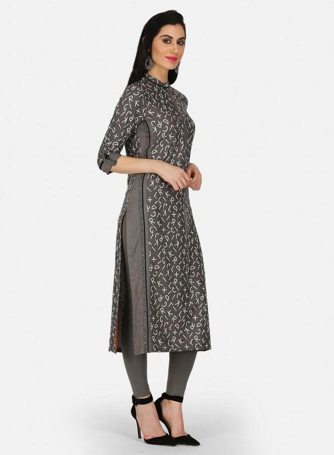 Grey Printed Mandarin Neck kurta - wforwoman