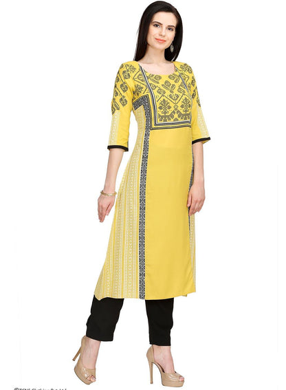 Yellow Printed 3/4 Sleeve kurta - wforwoman