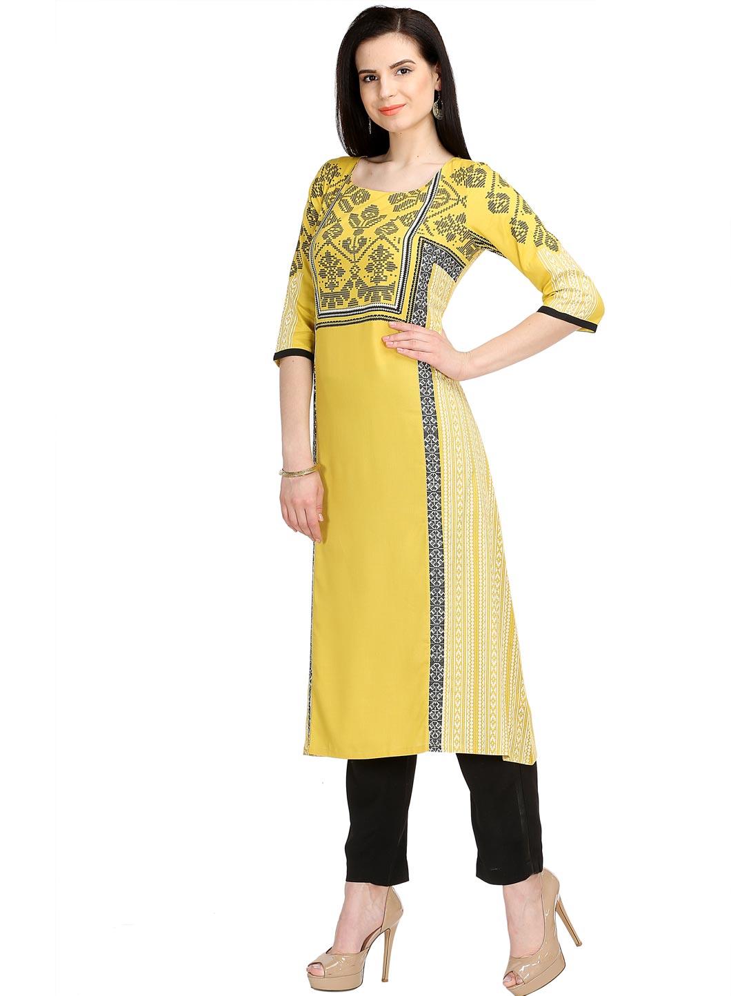 Yellow Printed 3/4 Sleeve kurta - wforwoman