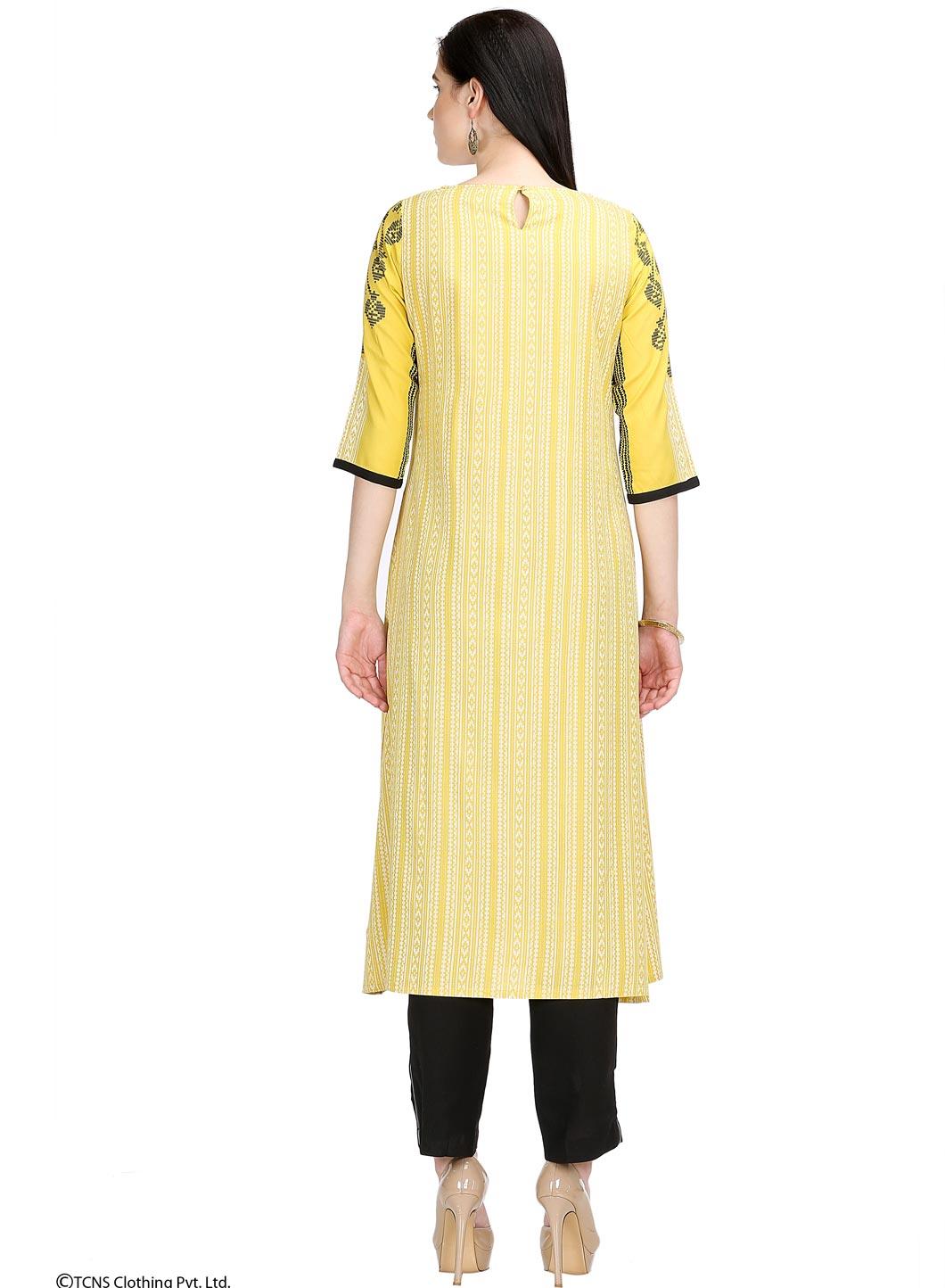 Yellow Printed 3/4 Sleeve kurta - wforwoman