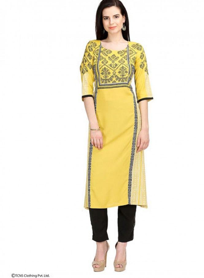 Yellow Printed 3/4 Sleeve kurta - wforwoman