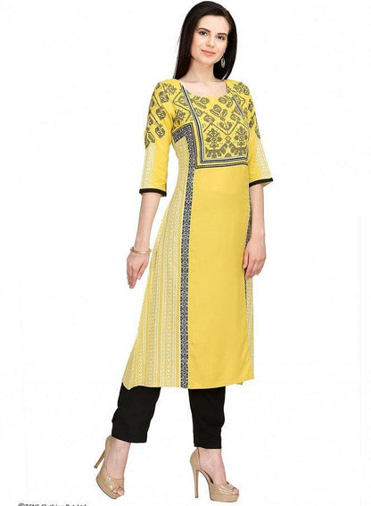 Yellow Printed 3/4 Sleeve kurta - wforwoman