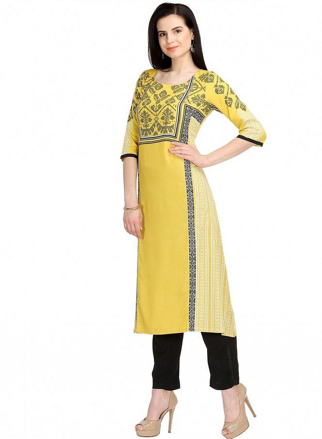 Yellow Printed 3/4 Sleeve kurta - wforwoman