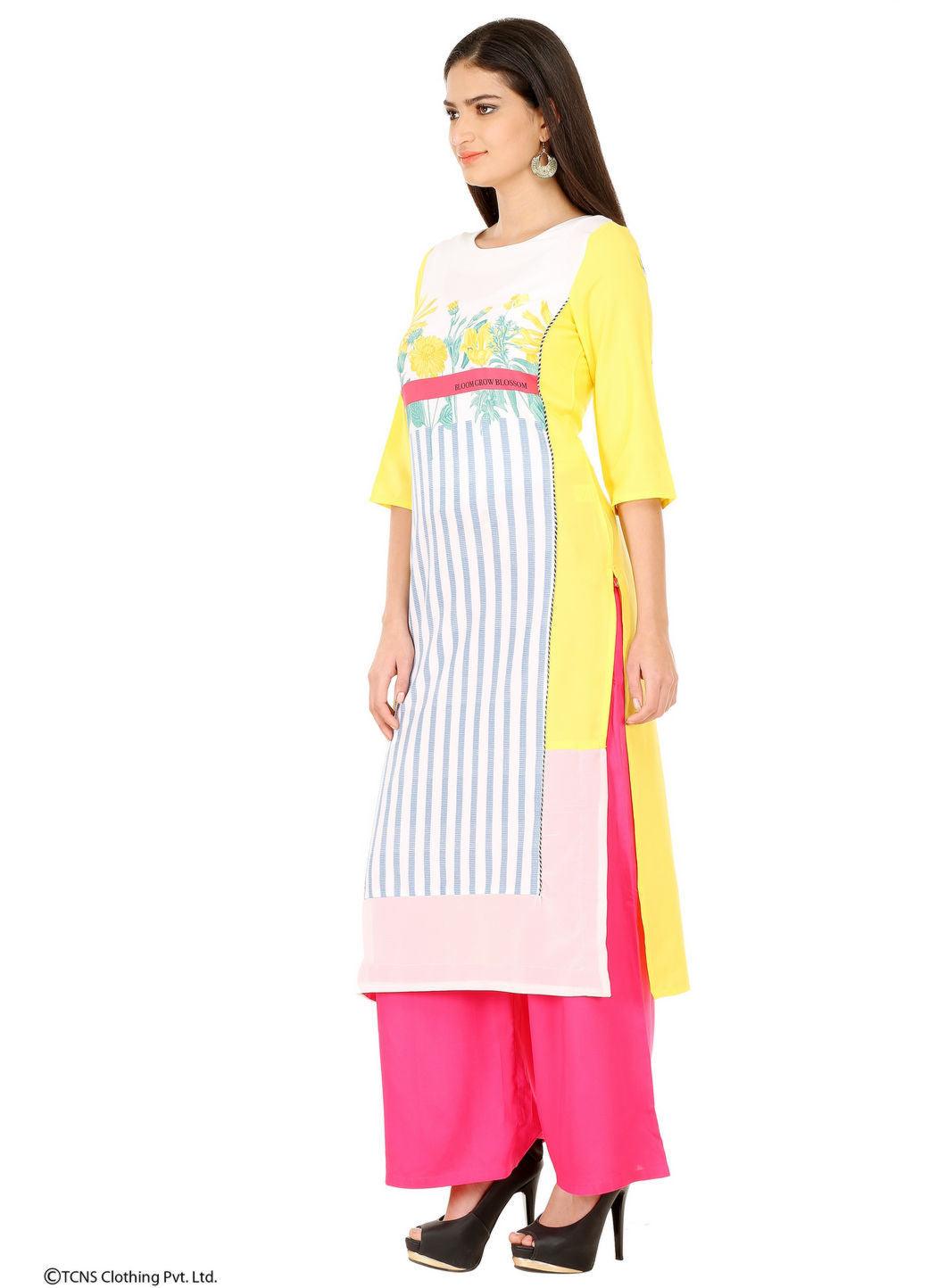 Yellow Printed 3/4 Sleeve kurta - wforwoman