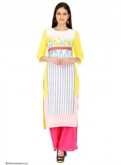 Yellow Printed 3/4 Sleeve kurta - wforwoman