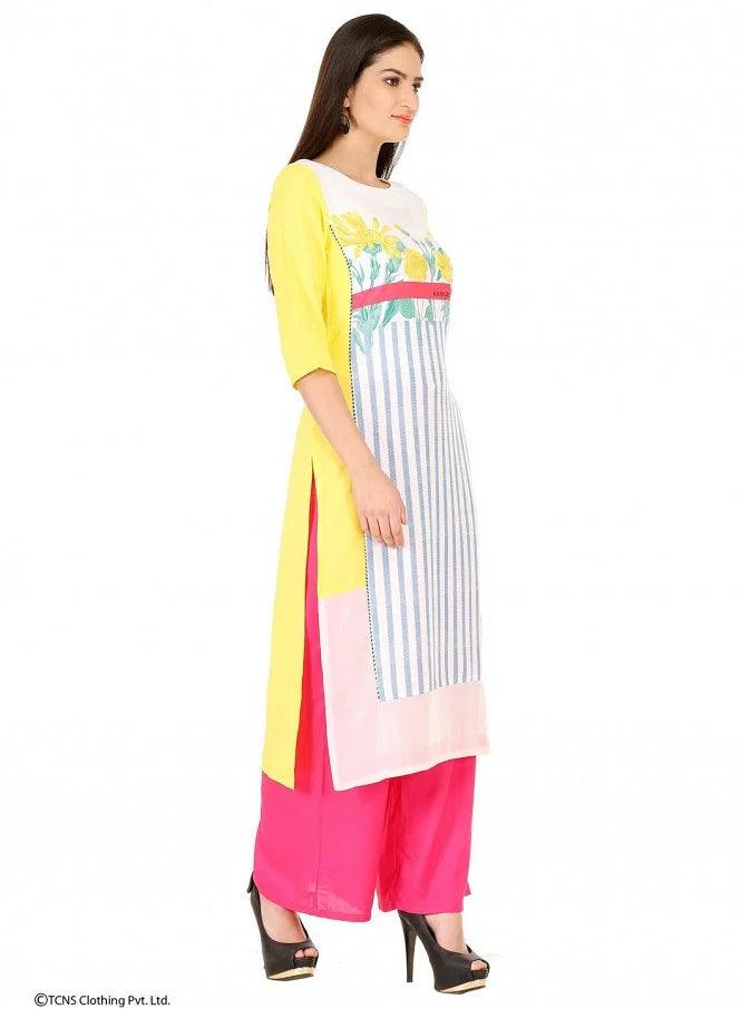 Yellow Printed 3/4 Sleeve kurta - wforwoman