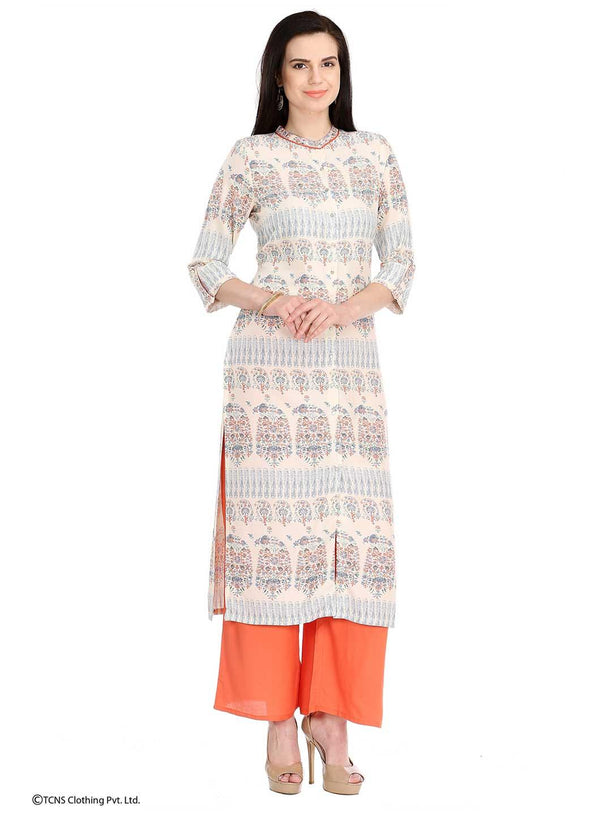 Beige Printed 3/4 Sleeve kurta