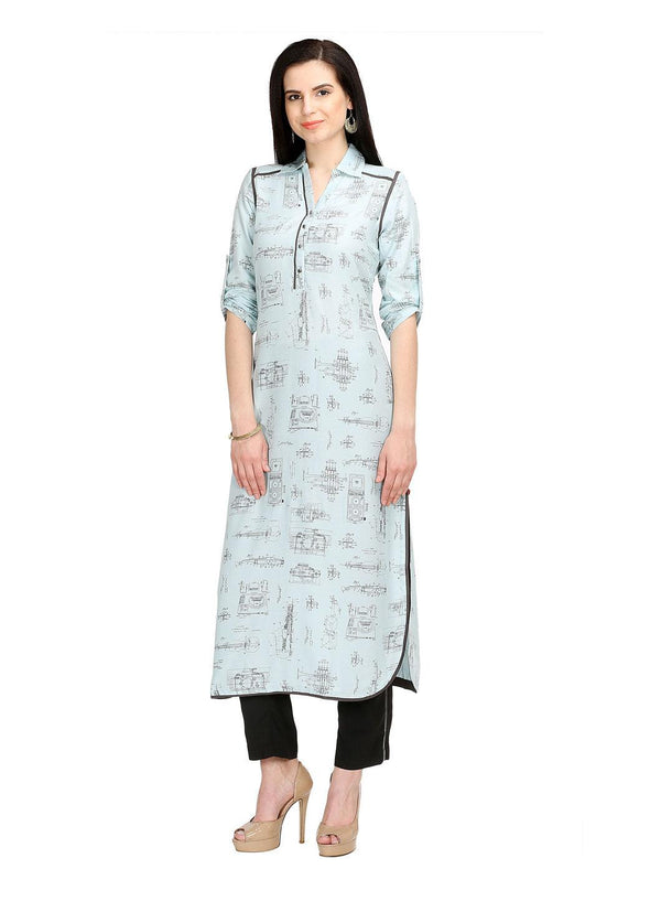 Blue Printed 3/4 Sleeve kurta