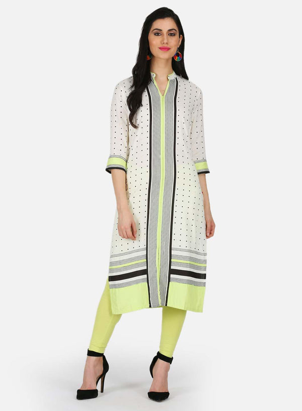 White Printed Mandarin Neck kurta