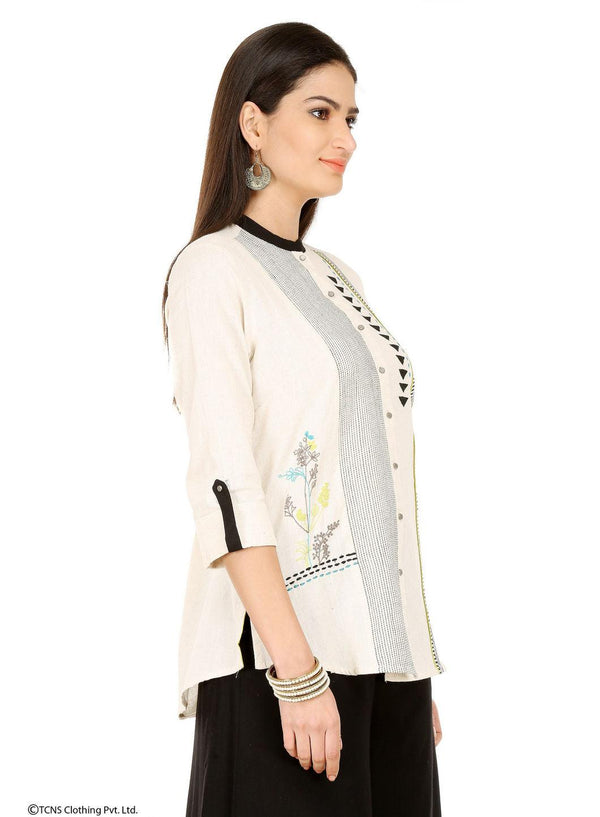 White Round Neck Printed kurta