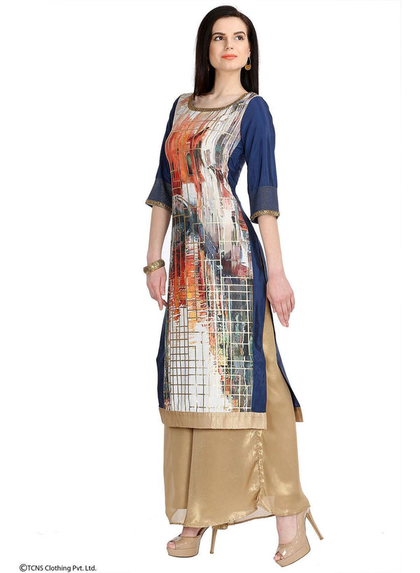Blue Embellished Printed 3/4 Sleeve kurta