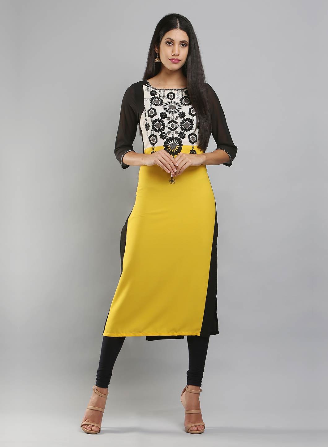 Yellow &amp; Black Colorblocked Printed kurta - wforwoman