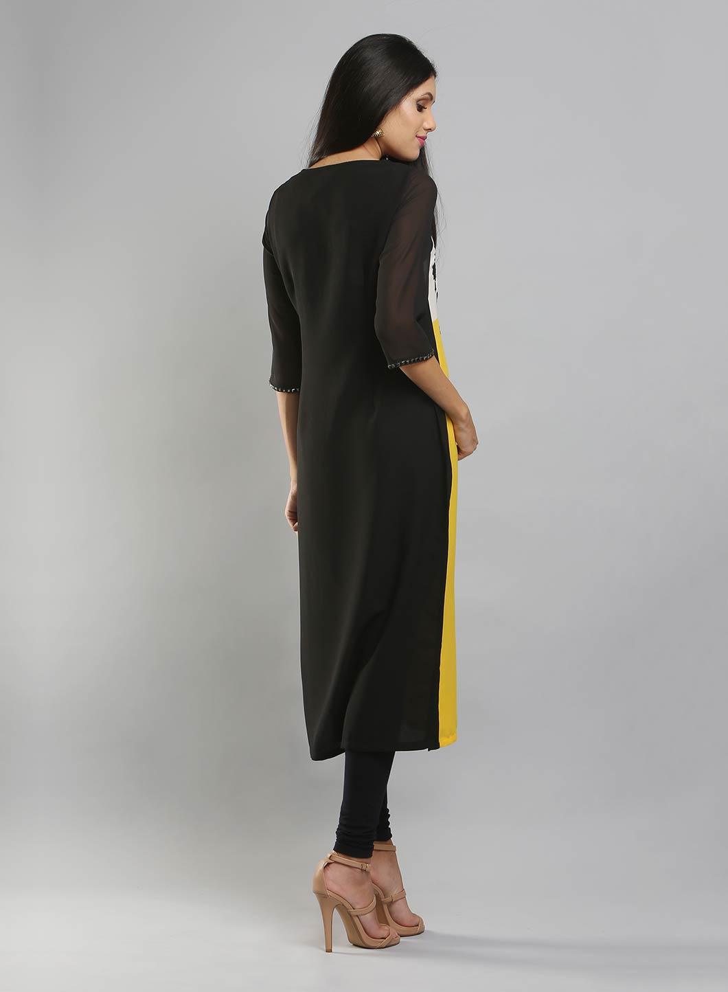 Yellow &amp; Black Colorblocked Printed kurta - wforwoman