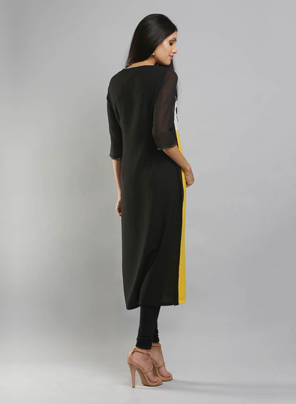 Yellow &amp; Black Colorblocked Printed kurta - wforwoman